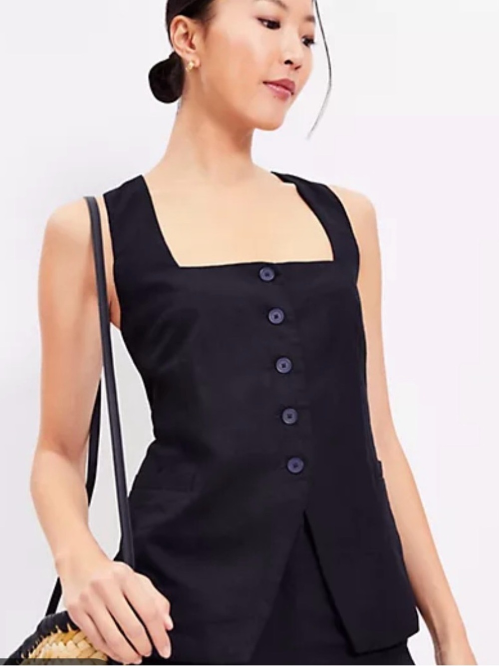 NWT LOFT Black Linen Medium Petite Square Neck Vest Top